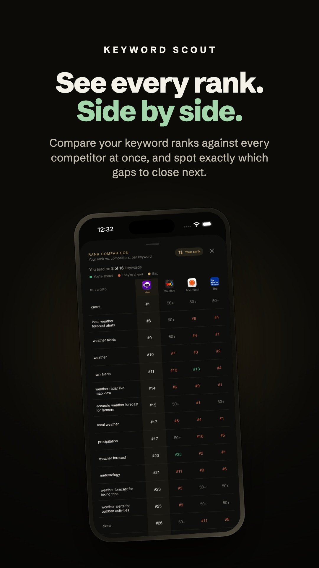 Keyword Scout rank comparison matrix — your App Store rank vs. every competitor, keyword by keyword